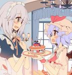  2girls ascot bat_wings birthday birthday_cake blue_dress blue_eyes blue_hair blush braid bread cake candle chandelier collar collared_shirt curtains dress fang fingernails food frilled_collar frilled_shirt_collar frills from_side fruit giving grey_hair hat hat_ribbon indoors izayoi_sakuya kirero lamp looking_at_another maid maid_headdress mob_cap multiple_girls open_mouth pink_dress plate pointy_ears red_eyes remilia_scarlet ribbon shirt short_hair short_sleeves sideways_mouth strawberry touhou twin_braids upper_body window wings work_in_progress 