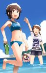  3girls alternate_costume arm_up armpits bangs bare_arms bare_legs bare_shoulders barefoot blouse blue_skirt blue_sky blue_swimsuit breasts brown_eyes brown_hair closed_eyes clouds cloudy_sky collarbone day eyebrows eyebrows_visible_through_hair fubuki_(kantai_collection) holding kantai_collection lifebuoy looking_at_viewer low_twintails miyuki_(kantai_collection) multiple_girls nature navel ocean open_mouth outdoors pleated_skirt sakura_(medilore) sandals sandals_removed school_swimsuit see-through shiny shiny_hair shirayuki_(kantai_collection) shoes_removed short_hair short_sleeves short_twintails skirt sky small_breasts smile standing stomach swimsuit twintails twitter_username wading water wet wet_clothes wet_skirt white_blouse 