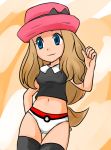 1girl blue_eyes breasts hat long_hair panties poke_ball_print pokemon pokemon_(game) serena_(pokemon) shilfy_yo shirt solo thigh-highs underwear 