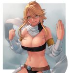  1girl akame_ga_kill! bare_shoulders blonde_hair breasts cleavage fighting_stance large_breasts lasterk leone licking_lips long_hair looking_at_viewer navel scarf smile solo stomach tongue tongue_out yellow_eyes 