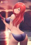  1girl ass bare_arms bare_shoulders beach bikini blue-senpai blush breasts deviantart erza_scarlet fairy_tail fanart katana large_breasts legs lips long_hair looking_at_viewer looking_back patreon red_eyes redhead shiny smile solo standing swimsuit sword tattoo thighs water weapon 