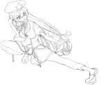  1girl absurdres braid breasts emokakimasu hat highres hong_meiling long_hair monochrome open_mouth simple_background solo squatting touhou very_long_hair vest white_background 