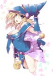  1girl bare_shoulders blonde_hair blue_boots blush boots breasts cleavage dark_magician_girl duel_monster green_eyes hat large_breasts long_hair minari_(haib) open_mouth pentacle smile solo staff white_background wizard_hat yu-gi-oh! yuu-gi-ou_duel_monsters 