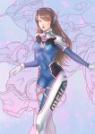  1girl bangs blue_background bodysuit breasts brown_eyes brown_hair clothes_writing covered_navel cowboy_shot d.va_(overwatch) facial_mark gloves headphones long_hair looking_at_viewer medium_breasts meka_(overwatch) misa_(mrk1218) overwatch parted_lips pilot_suit solo swept_bangs whisker_markings white_gloves 
