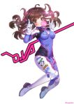  1girl bangs bodysuit boots bracer breasts brown_eyes brown_hair bubble_blowing bubblegum bunny_print character_name covered_navel d.va_(overwatch) emblem facepaint facial_mark floating_hair gloves gum hanato_(seonoaiko) hands_up headphones logo long_hair long_sleeves looking_at_viewer medium_breasts midair overwatch pauldrons pilot_suit pointing pointing_up ribbed_bodysuit shoulder_pads simple_background skin_tight solo thigh-highs thigh_boots thigh_strap turtleneck twitter_username whisker_markings white_background white_boots white_gloves 