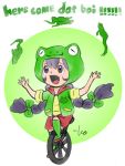  :d black_eyes black_hair bow english frog frog_hat green_bow hair_bow hood hoodie jacket juggling long_hair looking_up meme open_mouth short_sleeves signature simple_background smile takeuchi_kou text unicycle 