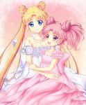  2girls absurdres bare_shoulders bishoujo_senshi_sailor_moon blonde_hair blue_eyes bow breasts chibi_usa cleavage collarbone crescent double_bun dress facial_mark forehead_mark frills highres jewelry long_hair looking_at_each_other multiple_girls necklace pearl_necklace pink_background pink_bow pink_dress pink_eyes pink_hair princess_serenity shirato_sayuri short_hair small_lady_serenity smile strapless strapless_dress tsukino_usagi twintails white_bow white_dress 