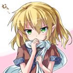  1girl annoyed blonde_hair blush covering_mouth green_eyes half_updo looking_at_viewer lowres mizuhashi_parsee pointy_ears robe ryogo scarf short_hair solo sweat tears touhou upper_body 