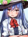 1girl =3 black_hat blue_dress blue_hair blush crossed_arms dress food frills fruit hat hinanawi_tenshi leaf long_hair looking_at_viewer neck_ribbon open_mouth peach puffy_sleeves red_eyes red_ribbon ribbon shirt solo touhou upper_body very_long_hair white_shirt wing_collar yuhito_(ablbex) 