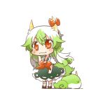  1girl chibi dress ex-keine fangs green_hair horn_ribbon horns kamishirasawa_keine lowres multicolored_hair rebecca_(keinelove) red_eyes ribbon sukusuku_hakutaku sweat tail touhou white_hair 