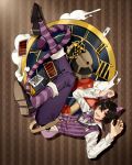  1boy akiua animal_ears black_hair card cat_ears cat_tail cheshire_cat cheshire_cat_(cosplay) clock cosplay ensemble_stars! falling fang kemonomimi_mode looking_at_viewer male_focus pants pants_rolled_up patterned_background playing_card red_eyes sakuma_ritsu solo striped striped_background striped_legwear tail vertical_stripes 