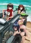  4girls abazu-red armband ass bangs beach bikini black_bikini black_eyes black_hair blonde_hair breasts brown_eyes brown_hair caesar_(girls_und_panzer) cleavage closed_mouth commentary emblem erwin_(girls_und_panzer) from_behind girls_und_panzer glasses goggles_on_hat grin ground_vehicle hat headband highres hippo leaning_forward long_hair looking_at_viewer looking_back medium_breasts messy_hair military military_vehicle motor_vehicle multiple_girls one_eye_closed open_mouth oryou_(girls_und_panzer) peaked_cap pointy_hair red-framed_eyewear red_scarf saemonza scarf semi-rimless_glasses short_hair short_ponytail sitting smile standing sturmgeschutz_iii swimsuit tank toga under-rim_glasses waves yellow_bikini 