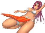  1girl :d anklet arm_above_head bracelet breasts circlet cleavage dark_skin dragon_quest dragon_quest_iv earrings jewelry kureha_(ironika) large_breasts leg_up long_hair manya open_mouth pelvic_curtain purple_hair smile solo sweat thighlet violet_eyes 