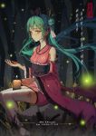  1girl 2016 dated detached_sleeves double_bun fireflies furisode green_hair hatsune_miku japanese_clothes kimono long_hair outdoors rock short_kimono sitting solo soulkiller thigh-highs tree twintails very_long_hair vocaloid yellow_eyes zettai_ryouiki 