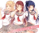  3girls :d ;) blonde_hair blue_hair blush braid brown_eyes collarbone crown_braid french_braid green_eyes guilty_kiss_(love_live!) hair_bun hair_ornament hairclip half_updo highres light_smile long_hair love_live! love_live!_sunshine!! midriff multiple_girls navel ohara_mari one_eye_closed open_mouth pleated_skirt redhead sakurauchi_riko school_uniform serafuku skirt smile tsushima_yoshiko yellow_eyes yumari_nakura 