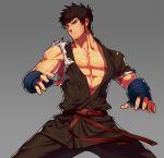  1boy belt brown_eyes dougi dungeon_and_fighter facial_hair fighter_(dungeon_and_fighter) fighting_stance grappler_(dungeon_and_fighter) grey_background lvlv male_fighter_(dungeon_and_fighter) male_focus manly short_hair solo stubble torn_clothes uniform 