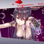  1girl black_hair breasts cleavage danua doraf elf gem gloves granblue_fantasy horns jewelry large_breasts long_hair necklace pointy_ears red_eyes solo yuugen 
