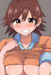  1girl blush breasts brown_eyes brown_hair cleavage collarbone commentary_request eyebrows eyebrows_visible_through_hair grin honda_mio idolmaster idolmaster_cinderella_girls large_breasts looking_at_viewer medium_breasts open_clothes senshiya short_hair smile solo teeth under_boob upper_body 