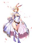  1girl :d ajishio alternate_costume animal_ears bangs belt beltskirt blonde_hair blush boots breasts cape cleavage cleavage_cutout covered_navel djeeta_(granblue_fantasy) eyebrows eyebrows_visible_through_hair fake_animal_ears fake_tail flower granblue_fantasy groin hair_flower hair_ornament hairband hand_up happy high_heels highleg highleg_leotard hips leotard looking_at_viewer medium_breasts open_mouth petals rabbit_ears short_hair short_sleeves simple_background smile solo standing thigh-highs thigh_boots thighs turtleneck waving white_background white_boots white_cape white_legwear wrist_cuffs yellow_eyes 