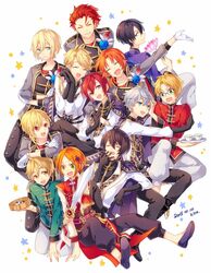  2015 6+boys aoi_hinata artist_name black_gloves black_hair black_pants black_shoes blonde_hair blue_eyes brown_eyes brown_hair chinese_clothes closed_eyes corsage crossed_arms dated ensemble_stars! flower gloves green_eyes hair_ornament hand_on_own_cheek hands_together hidaka_hokuto holding holding_weapon kina_(446964) kiryuu_kurou knights_(ensemble_stars!) light_brown_hair male_focus mashiro_tomoya multiple_boys narukami_arashi nito_nazuna open_mouth orange_hair outstretched_hand pants red_eyes redhead sakuma_ritsu sena_izumi_(ensemble_stars!) shoes silver_hair sitting smile standing suou_tsukasa sword tenshouin_eichi tsukinaga_leo weapon white_gloves white_hair yuuki_makoto_(ensemble_stars!) 