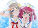  2girls blue_eyes green_eyes grey_hair grin h.i.t_(59-18-45) hat highres kurosawa_ruby love_live! love_live!_sunshine!! multiple_girls open_mouth redhead sailor sailor_hat short_hair smile twintails watanabe_you 