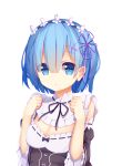  1girl absurdres blue_eyes blue_hair breasts cleavage detached_sleeves hair_between_eyes highres jyt looking_at_viewer maid maid_headdress purple_ribbon re:zero_kara_hajimeru_isekai_seikatsu rem_(re:zero) ribbon short_hair simple_background solo white_background x_hair_ornament 