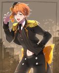  1boy absurdres black_necktie cowboy_shot epaulettes glasses hand_on_hip highres juuouin_kakeru king_of_prism_by_prettyrhythm leaning_forward navel necktie orange_hair pachinnn pretty_rhythm smile solo twitter_username waistcoat yellow_eyes 