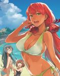  3girls akashi_(kantai_collection) beach bikini black_hair blue_eyes breasts brown_eyes brown_hair cleavage glasses green_eyes hair_ribbon hairband kantai_collection large_breasts long_hair looking_at_viewer midriff multiple_girls navel nonco ocean one-piece_swimsuit ooyodo_(kantai_collection) open_mouth pink_hair ribbon short_hair smile swimsuit tress_ribbon yukikaze_(kantai_collection) 