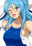  1girl absurdres armpits beret blue_eyes blue_hair blush breasts collarbone competition_school_swimsuit double_bun elbow_gloves gloves hat highres janjan_umatarou kantai_collection large_breasts one-piece_swimsuit one_eye_closed open_mouth sailor_hat school_swimsuit solo sweat swimsuit urakaze_(kantai_collection) white_gloves 