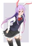  1girl alternate_costume animal_ears bespectacled black_legwear breasts bunny_tail glasses lavender_hair long_hair looking_at_viewer miniskirt open_mouth purple_hair rabbit_ears red_eyes reisen_udongein_inaba school_uniform skirt solo tail thigh-highs touhou very_long_hair xialuluo_(sharuro) zettai_ryouiki 