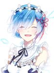  1girl ^_^ blue_hair breasts cleavage closed_eyes flywinga7 hair_over_one_eye hair_ribbon maid maid_headdress open_mouth re:zero_kara_hajimeru_isekai_seikatsu red_ribbon rem_(re:zero) ribbon short_hair smile solo upper_body x_hair_ornament 