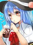  /\/\/\ 1girl :t black_hat blue_hair blush blush_stickers bow bowtie cola drinking_straw food fruit glass hat highres hinanawi_tenshi ice ice_cube long_hair looking_away peach puffy_short_sleeves puffy_sleeves red_bow red_bowtie red_eyes shirt short_sleeves solo touhou upper_body very_long_hair white_shirt wing_collar yuhito_(ablbex) 