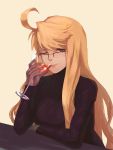  1girl ahoge alcohol alma_(va-11_hall-a) black_clothes black_sweater blonde_hair cocktail cocktail_glass cup drink drinking drinking_glass glasses long_hair looking_at_viewer mechanical_hand quentin_lecuiller ribbed_sweater sweater va-11_hall-a wine wine_glass 