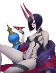 1girl breasts cleavage fate/grand_order fate_(series) horns impossible_clothes japanese_clothes kimono looking_at_viewer navel open_clothes open_kimono paul_kwon purple_hair revealing_clothes sakazuki short_hair shuten_douji_(fate/grand_order) smile solo stomach 