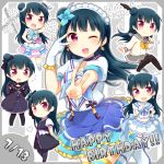  1girl ;d black_dress blue_hair character_name chibi dated dress earrings feathers gothic_lolita hair_bun happy_birthday hat hazuki_(sutasuta) heart jewelry lolita_fashion long_hair looking_at_viewer love_live! love_live!_sunshine!! mini_hat mini_top_hat multiple_persona one_eye_closed open_mouth school_uniform serafuku smile solo top_hat tsushima_yoshiko v violet_eyes 