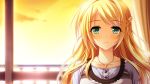  1girl blonde_hair blush female game_cg green_eyes highres kobayakawa_shiho_(mote_sugite) long_hair mote_sugite_shuraba_na_ore sayori smile solo sunset 