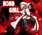  1girl belt black_legwear blonde_hair breasts bullet_hole character_name covered_mouth foreshortening full_body gun hood hooded_jacket jacket kamen_no_hito large_breasts looking_at_viewer navel no_bra open_clothes open_jacket original panties pointing pointing_at_viewer red_eyes red_panties short_hair smoke smoking_gun solo thigh-highs underwear weapon white_hood zipper 