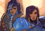  2girls ana_(overwatch) armor asia_kendrick-horton black_hair braid dark_skin eyepatch facial_tattoo grey_hair hijab looking_at_viewer mother_and_daughter multiple_girls old_woman overwatch pharah_(overwatch) power_armor tattoo twin_braids 