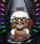  1girl blonde_hair chains crystal dated face flandre_scarlet hat hat_ribbon highres looking_at_viewer mob_cap portrait puffy_sleeves red_eyes ribbon short_hair short_sleeves side_ponytail signature slit_pupils solo stuffed_animal stuffed_toy teddy_bear touhou wings yi_(sad55566777) 