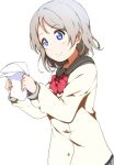  1girl blue_eyes bow bowtie brown_hair grey_hair highres holding_paper icehotmilktea long_sleeves love_live! love_live!_sunshine!! papers school_uniform serafuku short_hair simple_background smile solo watanabe_you white_background 