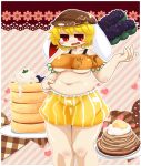  1girl animal_ears belly_grab blonde_hair blueberry blush breasts cabbie_hat cake cocked_eyebrow crop_top d: dango fat floppy_ears food fruit hat heart medium_breasts muuei navel open_mouth pancake plump rabbit_ears red_eyes ringo_(touhou) shirt short_hair short_shorts shorts solo thick_thighs thighs touhou under_boob undersized_clothes wagashi whipped_cream 