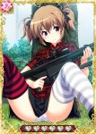  1girl asymmetrical_legwear black_ribbon black_skirt brown_eyes brown_hair card_(medium) grisaia_(series) grisaia_no_kajitsu gun hair_ribbon holding holding_gun holding_weapon irisu_makina looking_at_viewer outdoors panties ribbon rifle short_hair sitting skirt smile solo striped striped_legwear thigh-highs tree underwear weapon white_panties 