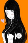  1girl bangs cosplay heart hyuuga_hinata jacket long_hair monochrome naruto naruto_shippuuden orange_background smile solo spot_color suzu_(tg_390) upper_body uzumaki_naruto uzumaki_naruto_(cosplay) 