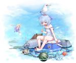  (9) 2girls alternate_costume animal animal_on_head bag barefoot bird bird_on_head blue_eyes blue_hair blue_sky blush cirno daiyousei dress fairy_wings fish flying food fruit full_body green_hair hair_ribbon highres hoshibuchi ice ice_wings looking_at_viewer melting multiple_girls off_shoulder open_mouth outdoors popsicle puffy_sleeves ribbon seagull shirt shopping_bag short_hair short_sleeves side_ponytail sitting skirt skirt_set sky sleeveless soaking_feet strap_slip sweat tongue tongue_out touhou vest water watermelon wings 