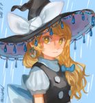  1girl blonde_hair blue_background braid dated earrings embellished_costume expressionless hat hat_ribbon highres jewelry kirisame_marisa long_hair looking_at_viewer puffy_sleeves ribbon shirt short_sleeves side_braid single_braid solo touhou turtleneck twitter_username upper_body usudaidai vest witch_hat yai_(hachihito) yellow_eyes 