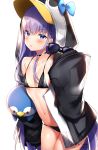  1girl :o absurdres animal_hood bare_shoulders bikini black_bikini black_jacket blue_bow blue_eyes bow breasts choker collarbone covered_nipples cowboy_shot eyewear_removed fate/grand_order fate_(series) frown highres hood hooded_jacket jacket long_hair looking_at_viewer meltryllis meltryllis_(swimsuit_lancer)_(fate) navel open_clothes open_jacket parted_lips purple_hair shouu-kun simple_background small_breasts solo stomach stuffed_animal stuffed_penguin stuffed_toy sunglasses swimsuit v-shaped_eyebrows very_long_hair watermark white_background 