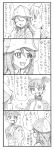  ! 3girls 4koma aki_(girls_und_panzer) anglerfish bangs bbb_(friskuser) blunt_bangs closed_eyes comic fish girls_und_panzer hair_between_eyes hat highres holding_fish jacket long_hair low_twintails mika_(girls_und_panzer) mikko_(girls_und_panzer) monochrome multiple_girls musical_note open_mouth pleated_skirt school_uniform short_twintails skirt smile sweatdrop track_jacket twintails 