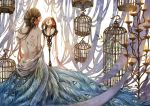  1girl bare_shoulders bird birdcage brown_hair cage candle curtains feathers flower from_behind hair_flower hair_ornament ko_hokoryoku long_hair mirror original red_lips reflection solo tattoo 