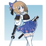  1girl alternate_costume atair blue_eyes brown_hair choujigen_game_neptune neptune_(series) ribbon rom_(choujigen_game_neptune) sheath short_hair skirt solo sword weapon 