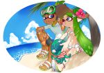  1boy 1girl bare_shoulders beach bikini blue_eyes cleavage_cutout collarbone dark_skin dark_skinned_male domino_mask flower green_hair hat hat_flower hibiscus highres inkling itsuya_(mohumohu0521) jellyfish jellyfish_(splatoon) long_hair mask one_eye_closed pointy_ears sandals shirt short_hair shorts sitting skirt snorkel splatoon strapless swimsuit t-shirt tentacle_hair tubetop white_bikini 